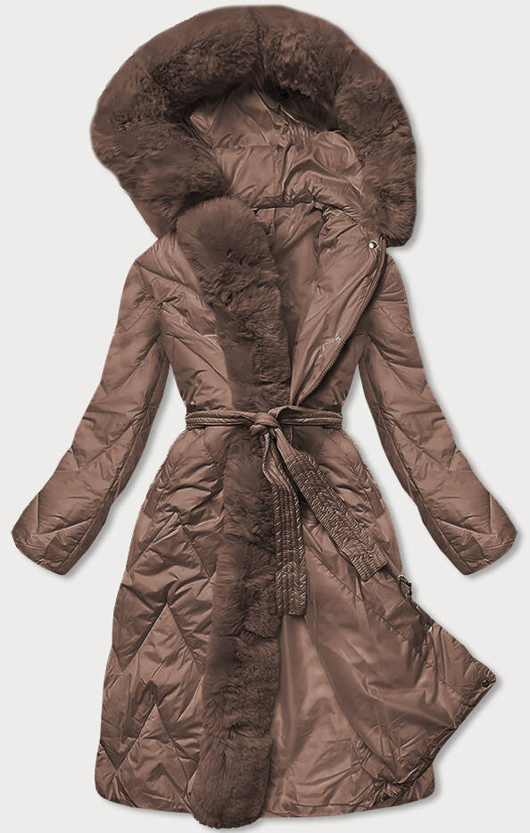 Zimní péřová bunda s kožešinou a kapucí - Kapsy - pásek - zip - WAY MODE, odcienie brązu M (38) i392_18902-47