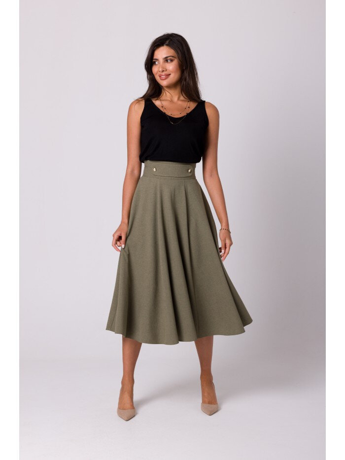 Dámská sukně s vysokým pasem a zlatými knoflíky BeWear olivová elegance, EU M i529_8356426353058242536
