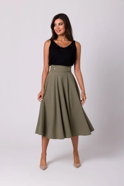 Dámská sukně s vysokým pasem a zlatými knoflíky BeWear olivová elegance