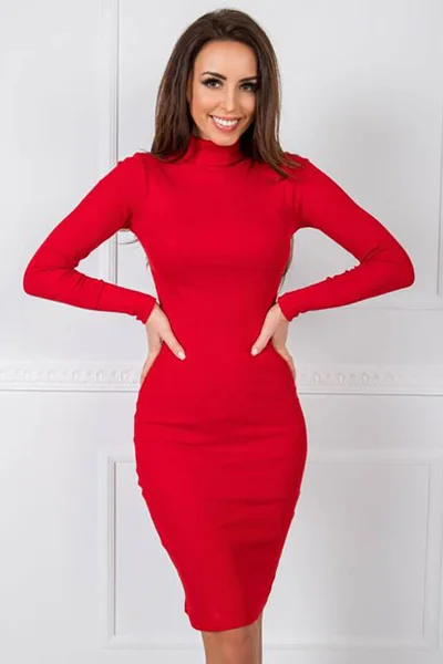 Červené žebrované šaty s rolákem Rue Paris