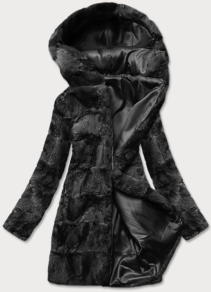 Černá kožíšková bunda s kapucí od značky SWEST, odcienie czerni XXL (44) i392_18916-48