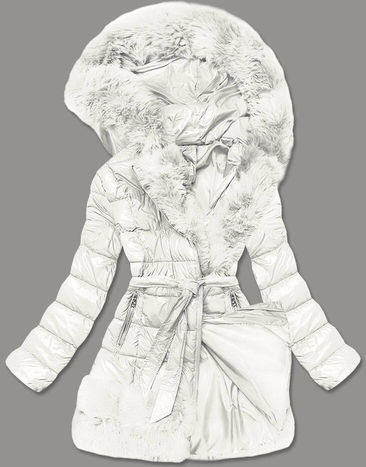 Zimní bunda s kožešinou a páskem - Lesklý ecru model WAY MODE, odcienie bieli L (40) i392_18924-49