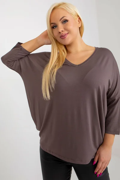 Dámská plus size halenka hnědá s 3/4 rukávy - FPrice