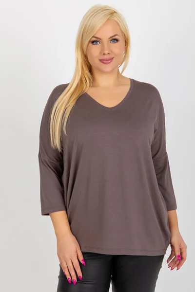 Dámská plus size halenka hnědá s 3/4 rukávy - FPrice