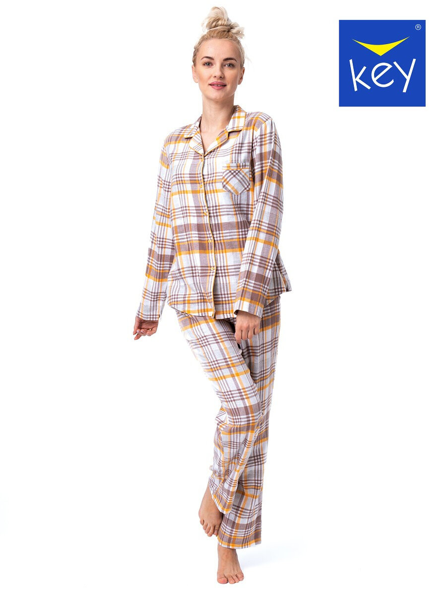 Lesklé kostkované pyžamo pro ženy v ecru barvě, ecru XXL i384_63646956