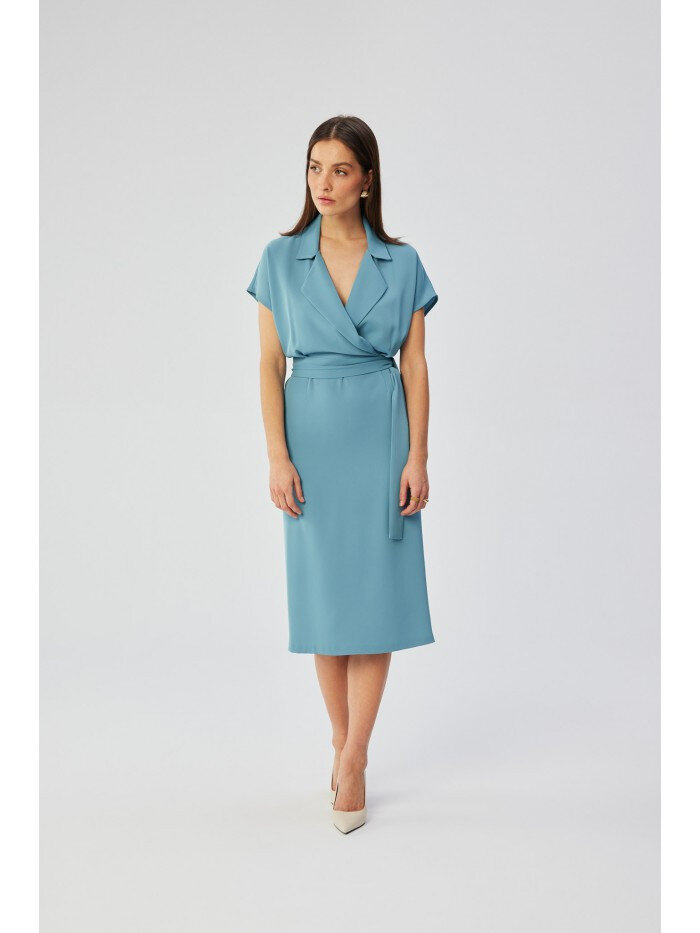 Modré zavinovací šaty STYLOVE s páskem - Elegantní dámské, EU S i529_434892314501219482