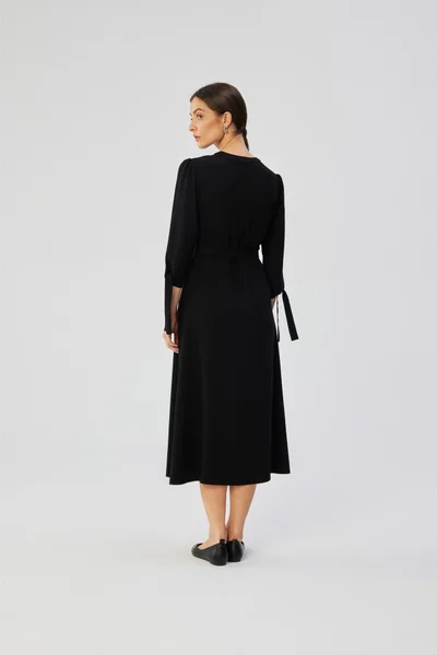 Černé Viskózové Šaty s Vázacími Rukávy - Elegantní Střih