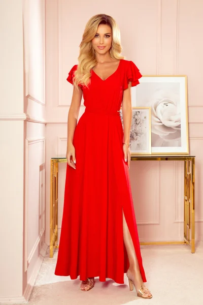 LIDIA - Dlouhé červené dámské šaty s volánky a dekoltem 42VD Numoco