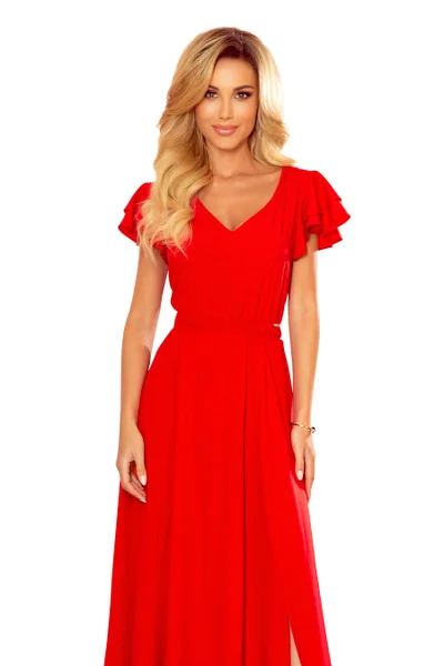 LIDIA - Dlouhé červené dámské šaty s volánky a dekoltem 42VD Numoco