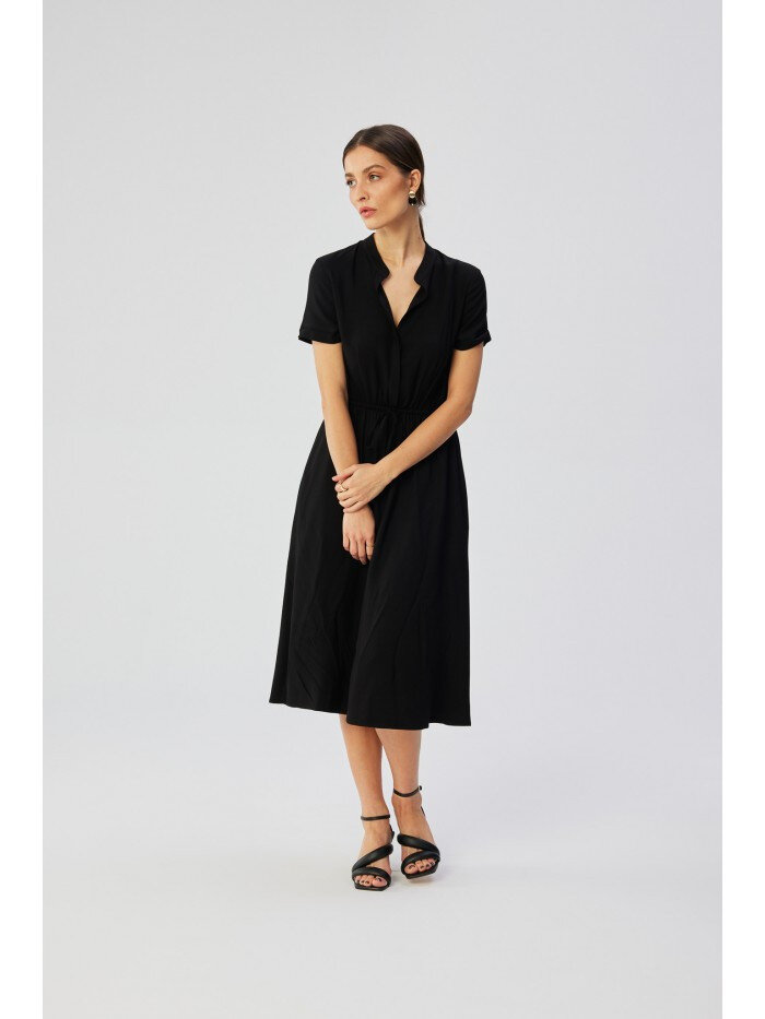 Černé viskózové šaty s šňůrkou v pase - Elegantní áčkový design, EU M i529_702843626800464448