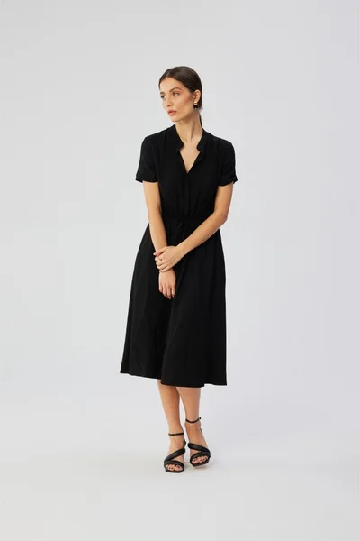 Černé viskózové šaty s šňůrkou v pase - Elegantní áčkový design