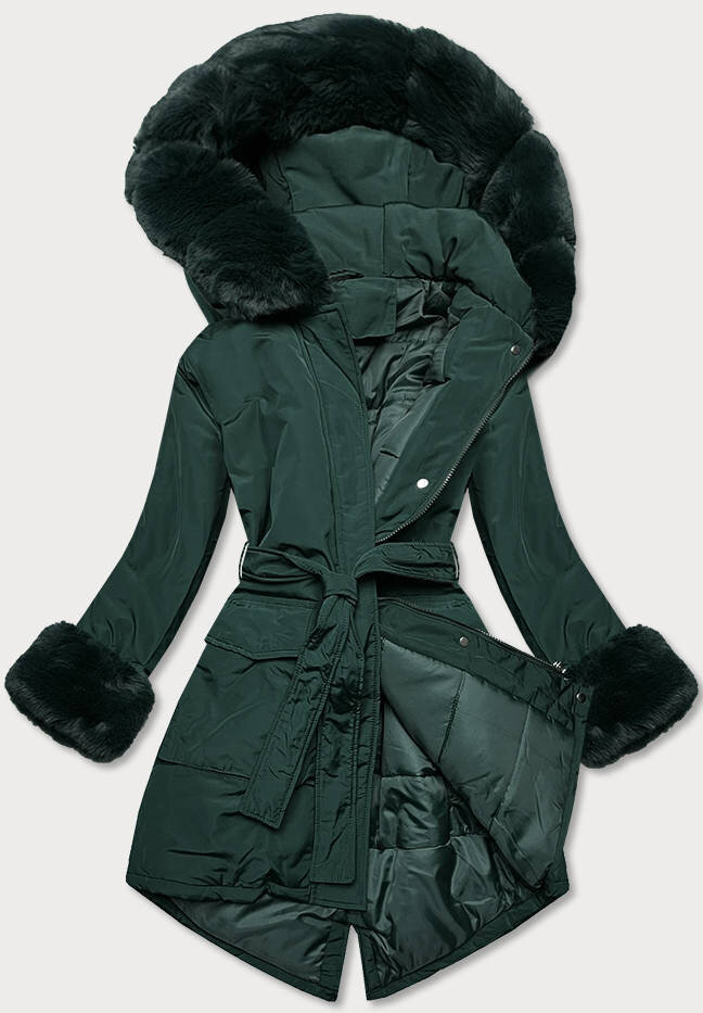 Zimní zelená bunda s páskem a kožešinou pro ženy, odcienie zieleni M (38) i392_18953-47