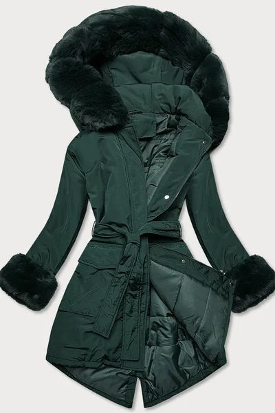 Zimní zelená bunda s páskem a kožešinou pro ženy