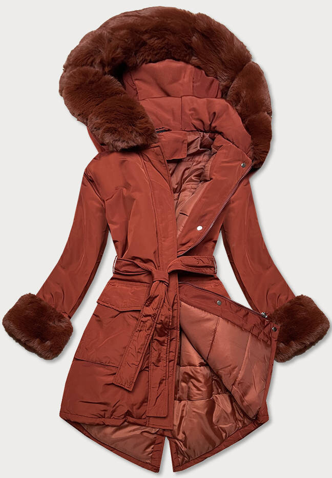 Zimní bunda pro ženy s páskem a kožešinou v červené barvě, odcienie czerwieni M (38) i392_18955-47
