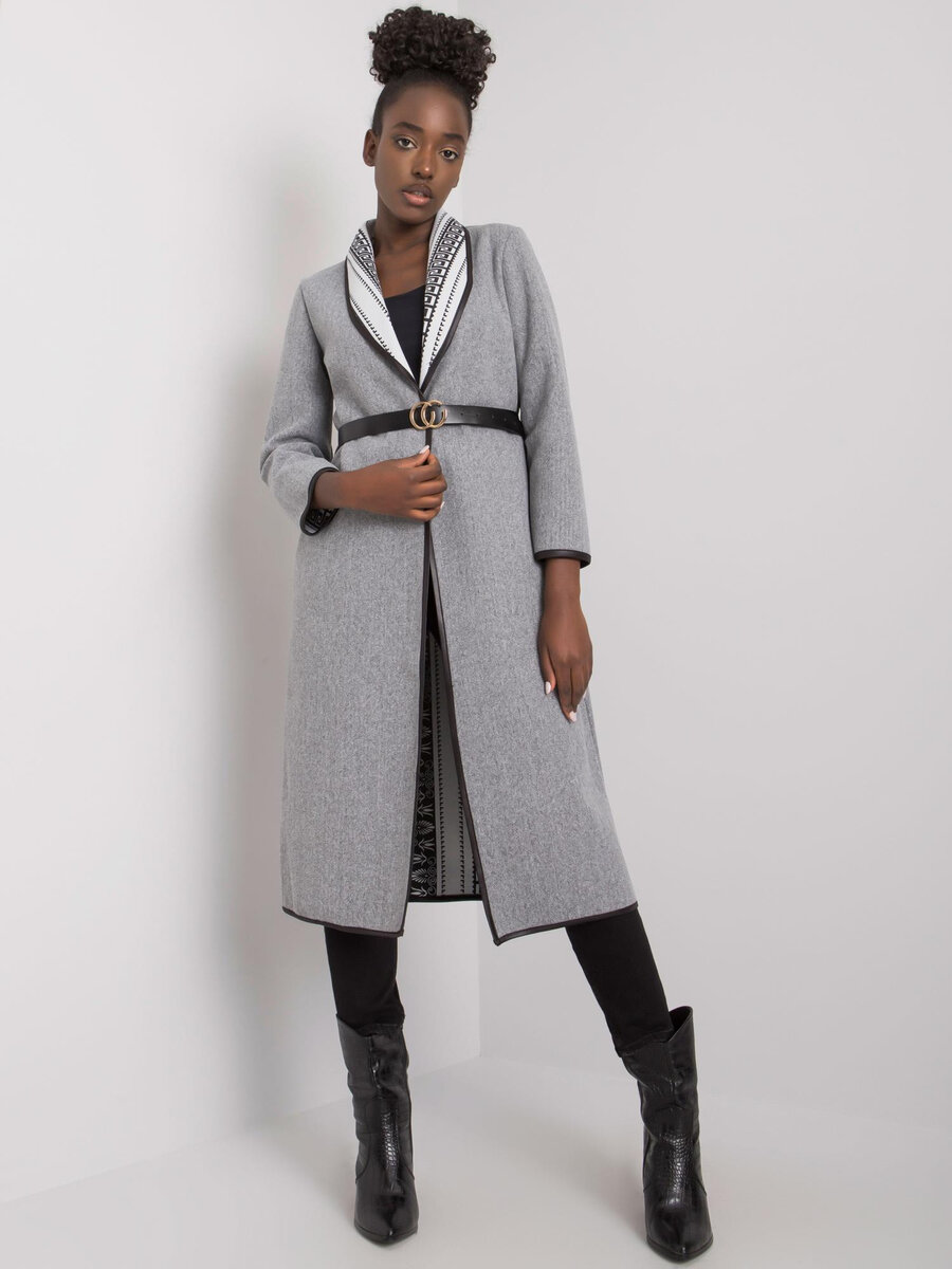 Dámský šedý melanžový kabát s kapsami a páskem FPrice, jedna velikost i523_2016103050475