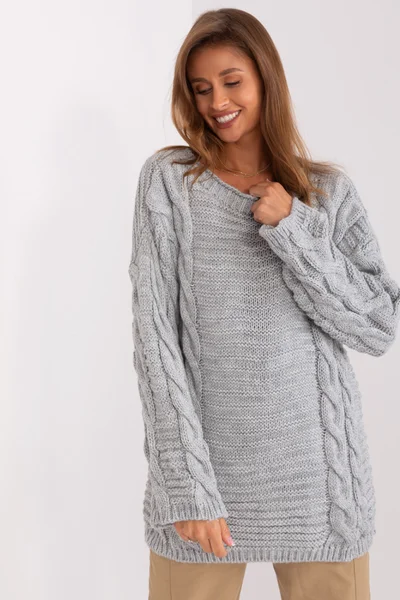 Šedý oversize svetr s plédy - Dámský komfort FPrice