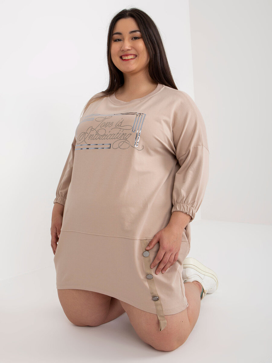 Bežové plus size teplákové šaty s kapsami - Elegantní letní tunika, jedna velikost i523_2016103399505