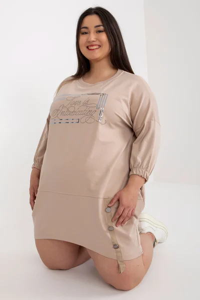 Bežové plus size teplákové šaty s kapsami - Elegantní letní tunika