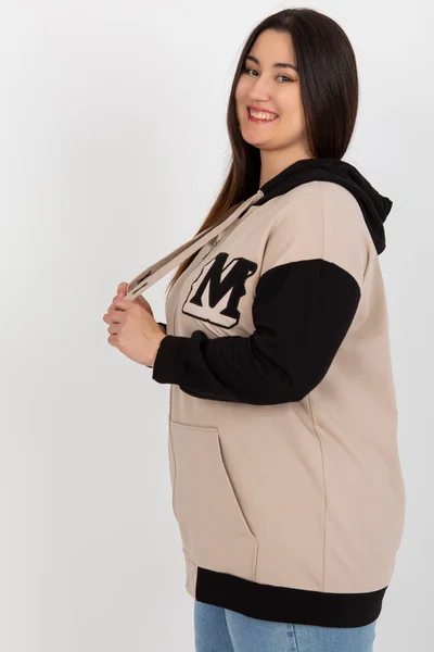 Beige Black Plus Size Rozepínací Mikina s Nášivkou