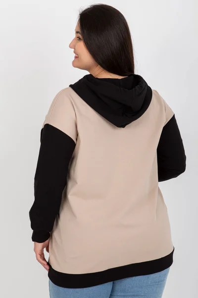 Beige Black Plus Size Rozepínací Mikina s Nášivkou