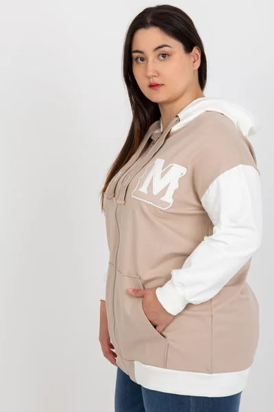 Beige Black Plus Size Rozepínací Mikina s Nášivkou