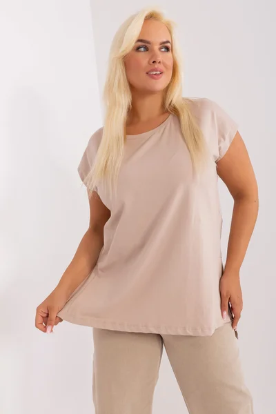 Krátkorukávová plus size béžová dámská halenka FPrice