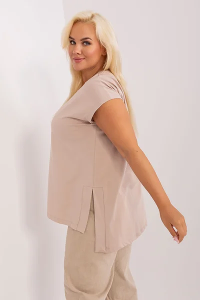 Krátkorukávová plus size béžová dámská halenka FPrice