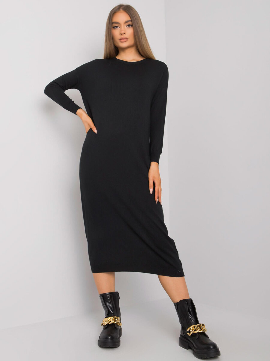 Dámské OCH BELLA Černé pletené šaty s dlouhým rukávem FPrice, jedna velikost i523_2016103069309