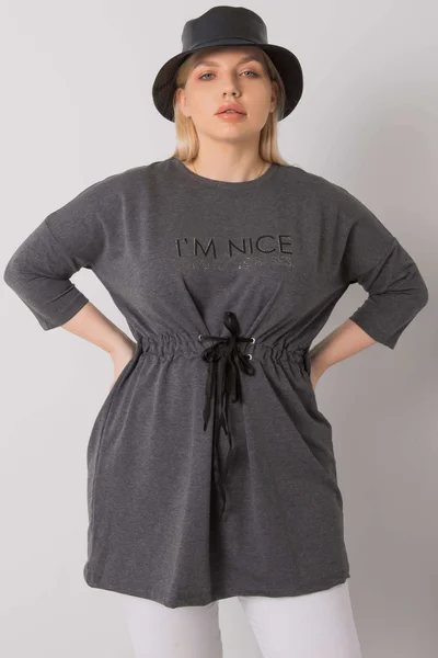 Dámská tmavě šedá melanžová plus size tunika s nápisem FPrice