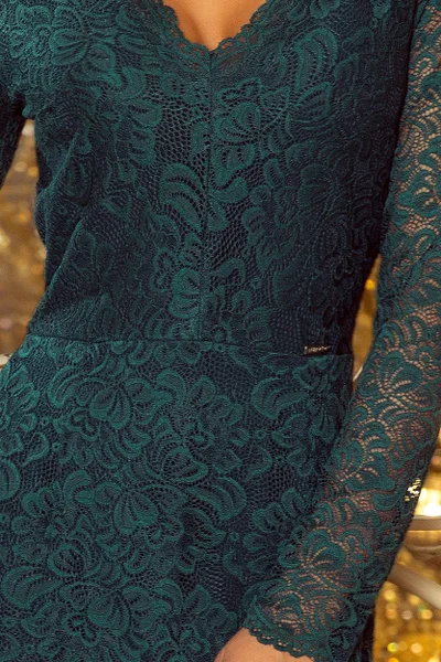 Zelené dámské krajkové šaty s dlouhými rukávy a výstřihem 3 model 95083
