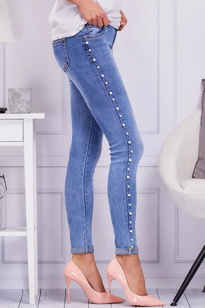 Modré dámské džíny s perlami na bocích FPrice
