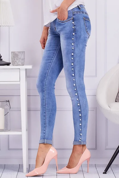 Modré dámské džíny s perlami na bocích FPrice