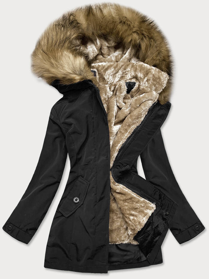 Zimní bunda s odepínací kožešinovou podšívkou pro ženy, odcienie czerni S (36) i392_20359-46