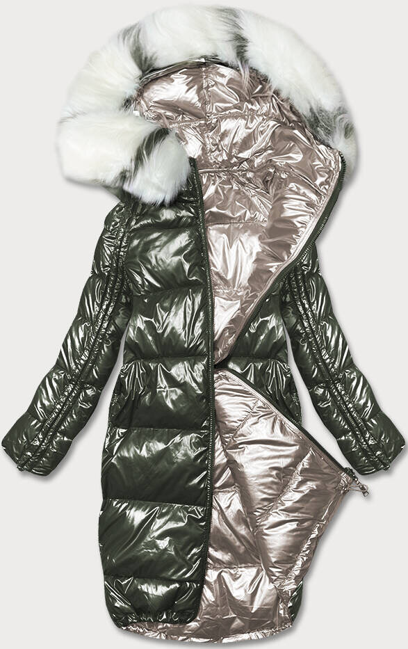 Lesklá bunda na zimu MINORITY s kožešinovou kapucí, odcienie beżu S (36) i392_20375-46