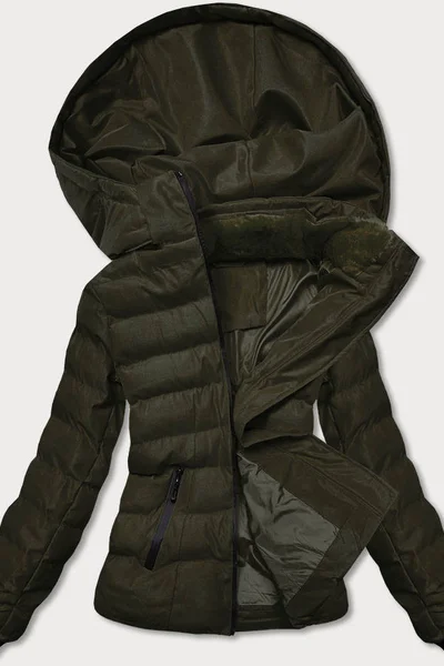 Zimní bunda pro ženy s kožešinovým stojáčkem v army barvě - Zimní Zelená Kráska J.STYLE