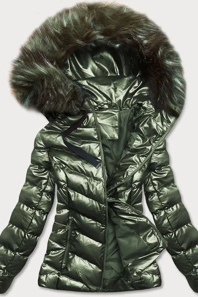 Zelená lesklá dámská zimní bunda s kapucí (5M773-238)