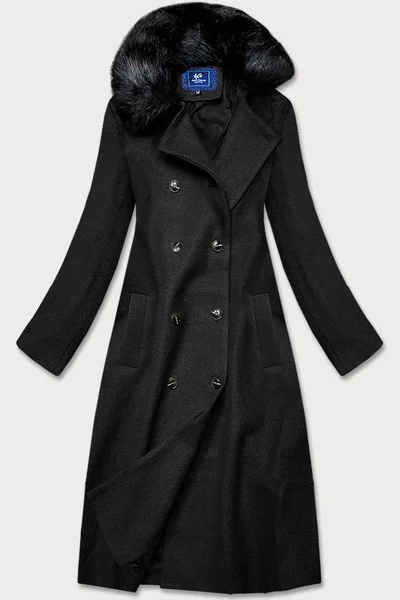 Dámský dlouhý černý kabát s kožešinovým límcem 55653 Ann Gissy