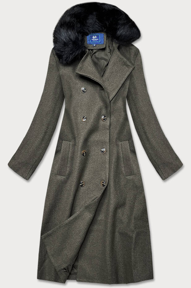 Dámský dlouhý kabát v khaki barvě s kožešinovým límcem 7COY Ann Gissy, odcienie zieleni M (38) i392_18064-47