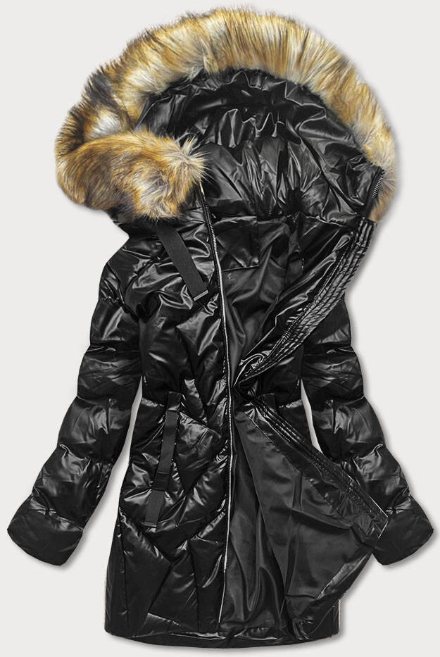Lesklá bunda na zimu s kapucí a kožešinou J.STYLE, odcienie czerni XL (42) i392_20410-53
