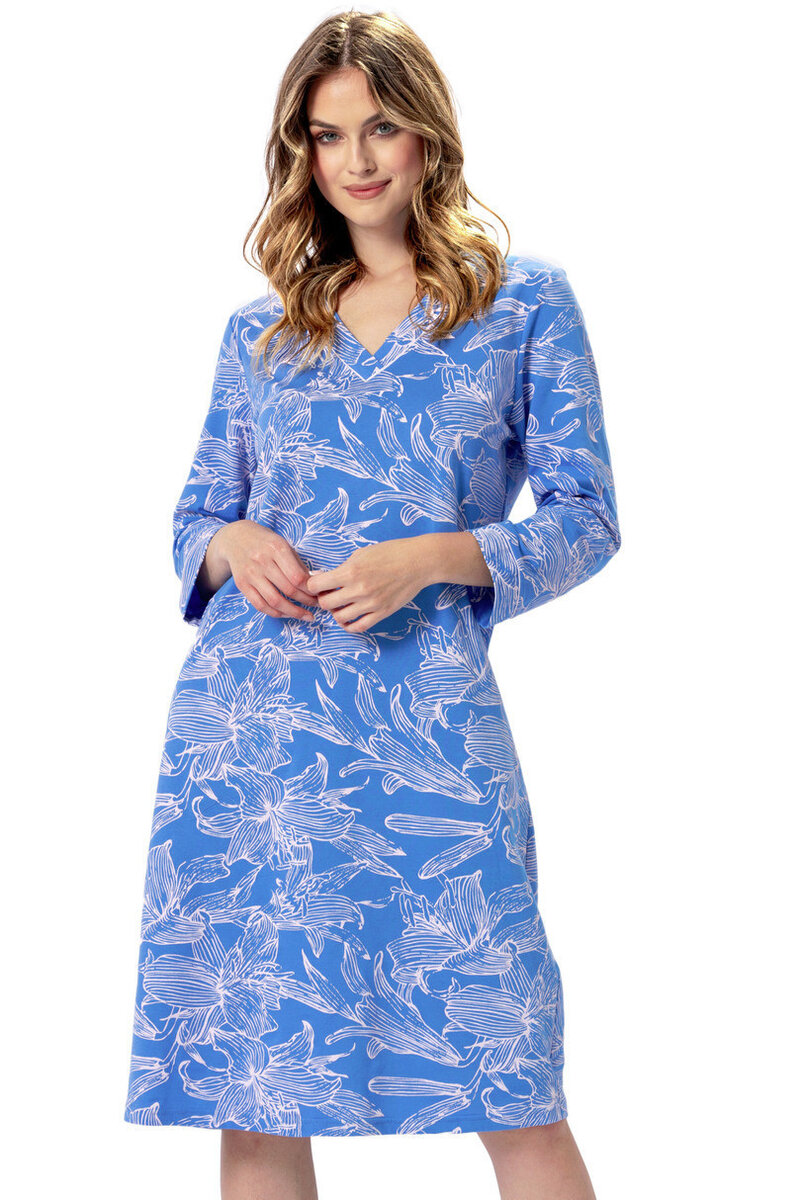Modrá bavlněná noční košile s 7/8 rukávy pro ženy, Modrá XL i170_101138004009