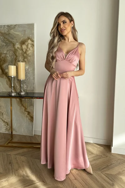 Růžový Saténový Večerní Šaty - Pudrová Krása