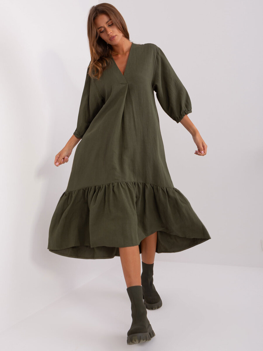 Khaki midi šaty ZULUNA s volánem - ležérní styl, L/XL i523_2016103441358