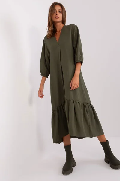 Khaki midi šaty ZULUNA s volánem - ležérní styl