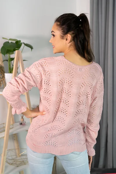 Růžový prolamovaný dámský svetr s ozdobnými rukávy