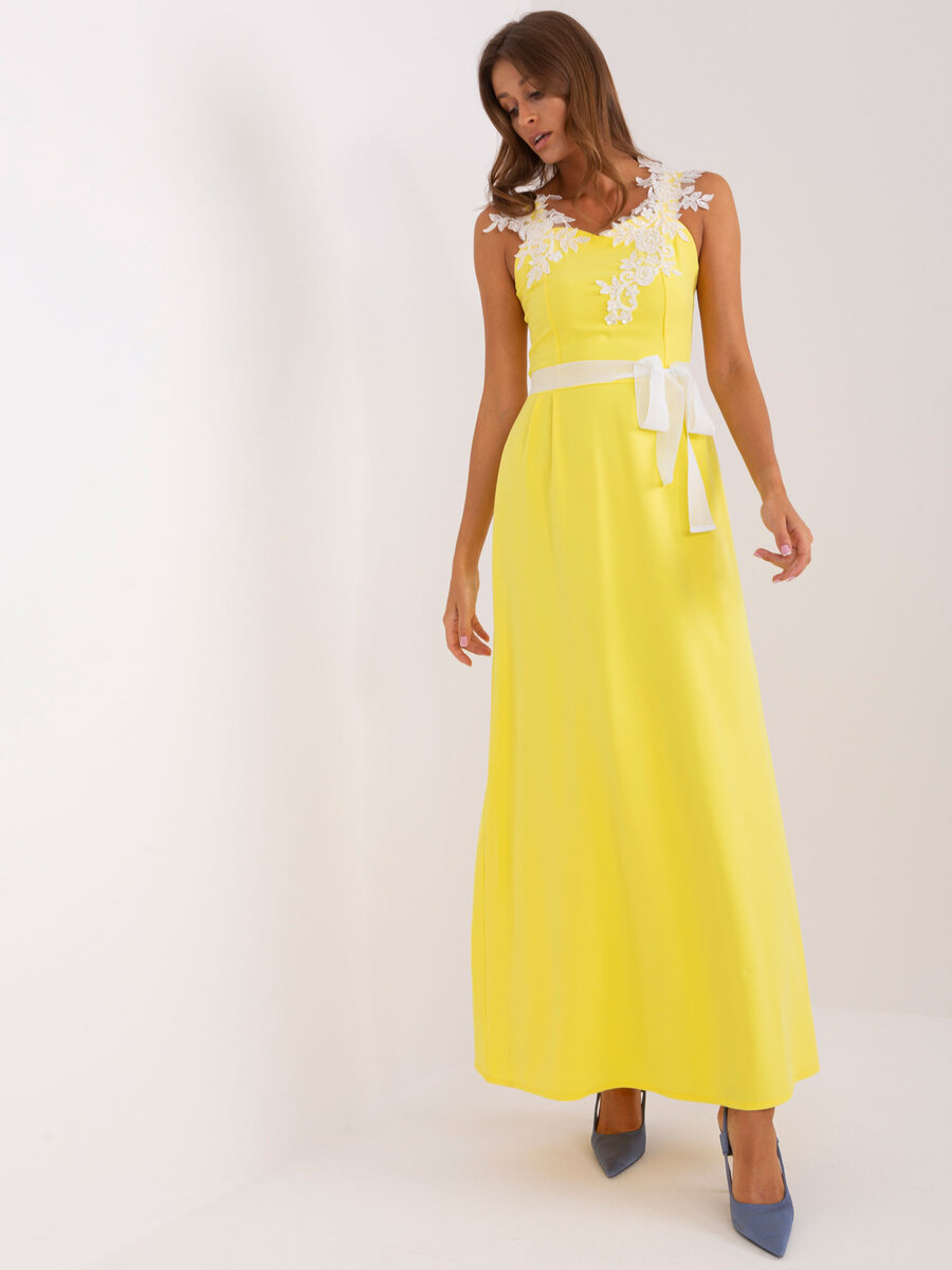 Žluté večerní maxi šaty s aplikacemi - Elegantní LK SK 506640, 38 i523_2016103423903
