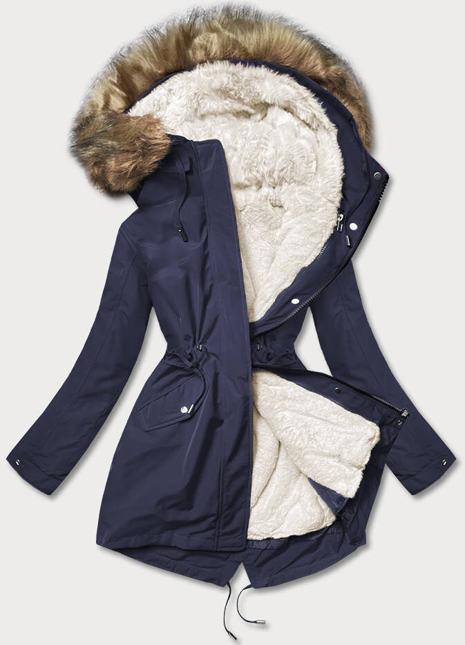 Modroecru bunda na zimu s kožešinovou podšívkou pro ženy MHM, odcienie niebieskiego 52 i392_20518-29