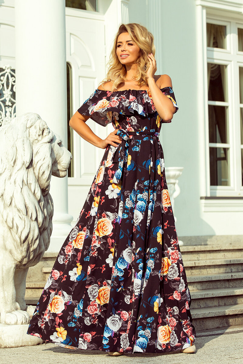 Dlouhé dámské černé šaty s barevnými květy a španělským výstřihem 3 model 33334, M i367_1231_M