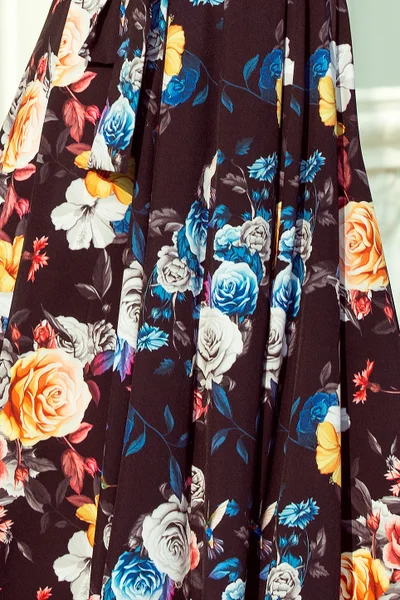 Dlouhé dámské černé šaty s barevnými květy a španělským výstřihem 3 model 33334