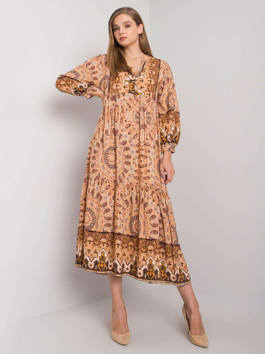 Dámské OCH BELLA Béžové vzorované šaty volného střihu FPrice, jedna velikost i523_2016103047147