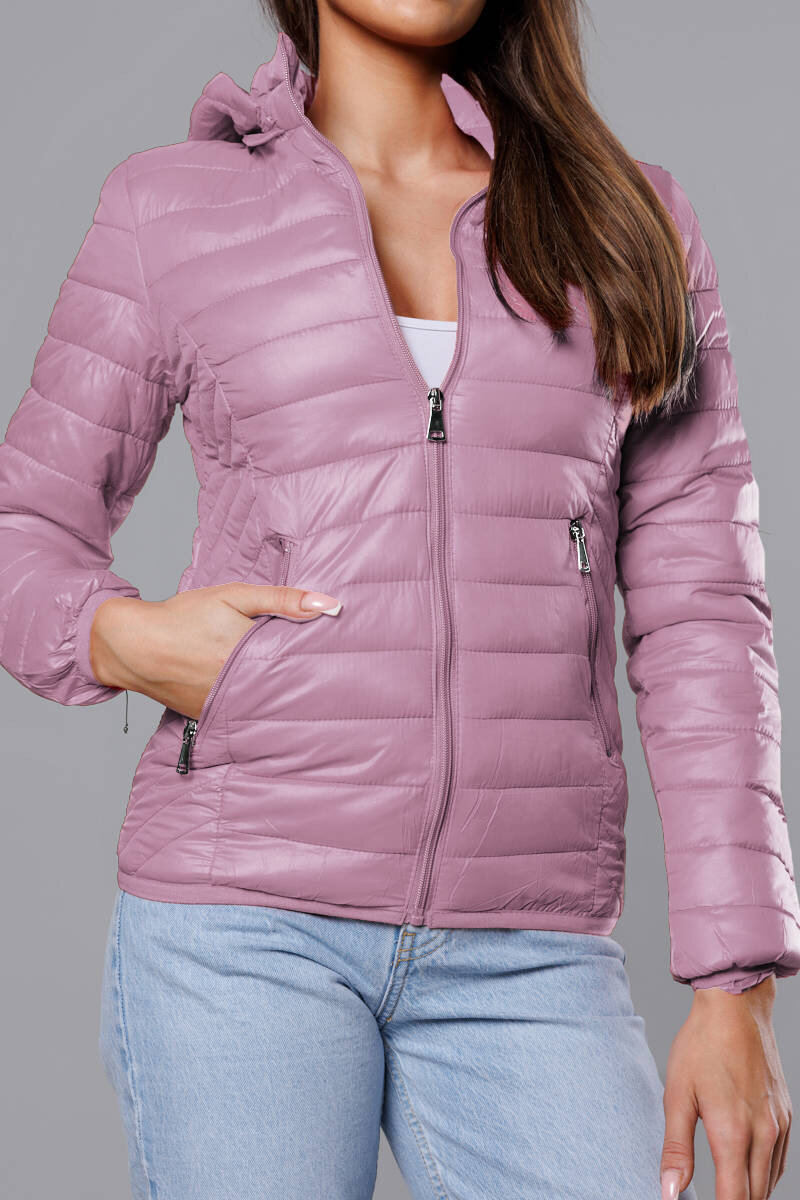 Růžová prošívaná bunda pro ženy s kapucí 0S318 SWEST, odcienie różu XL (42) i392_21594-53